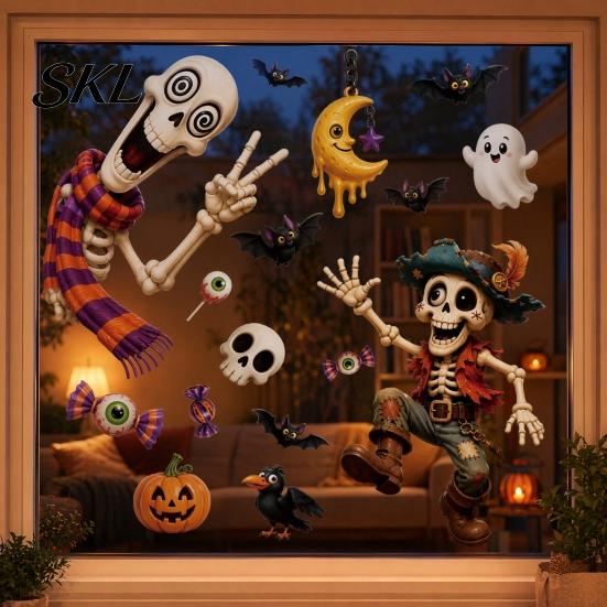Halloween Window Stickers 2 Sheets Clings, Cartoon Skeleton Static Stickers, Funny Bat And Pumpkin Decals Ghosts Bats Pumpkins for Glass Doors Windows