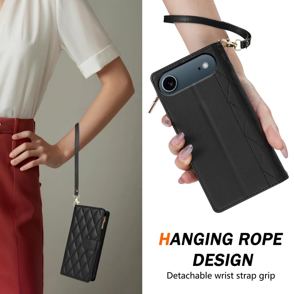 For iPhone 17 Air Case Rhombus Stitching Leather Wallet Phone Cover with Long/Short Strap