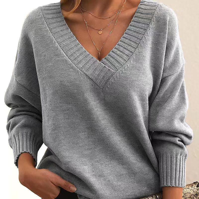 Knit Pullover Top Women's Sweater Loose V-Neck Casual Knit Plus Size Sweater