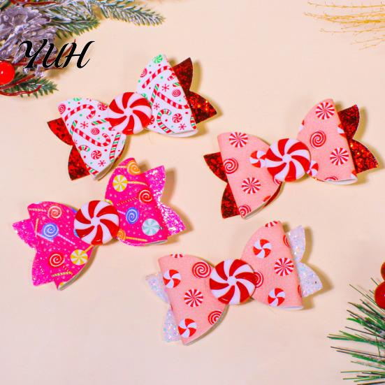 Cute Holiday Hair Barrettes Christmas Candies Bow Clip for Women Girls, Sweet Glitter Hairpins, Artificial Leather Festive Decorations Kids Clip, Pink