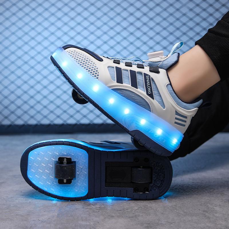 Взрывные кроссовки на роликах четырехколесные для мальчиков светящиеся двухколесные ролики детские красочные