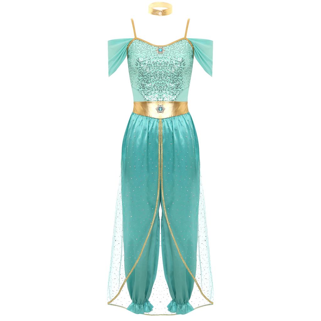 Womens Arabian Princess Belly Dance Costume Sequin Romper with Shiny Choker Collar for Halloween Role Play Parties