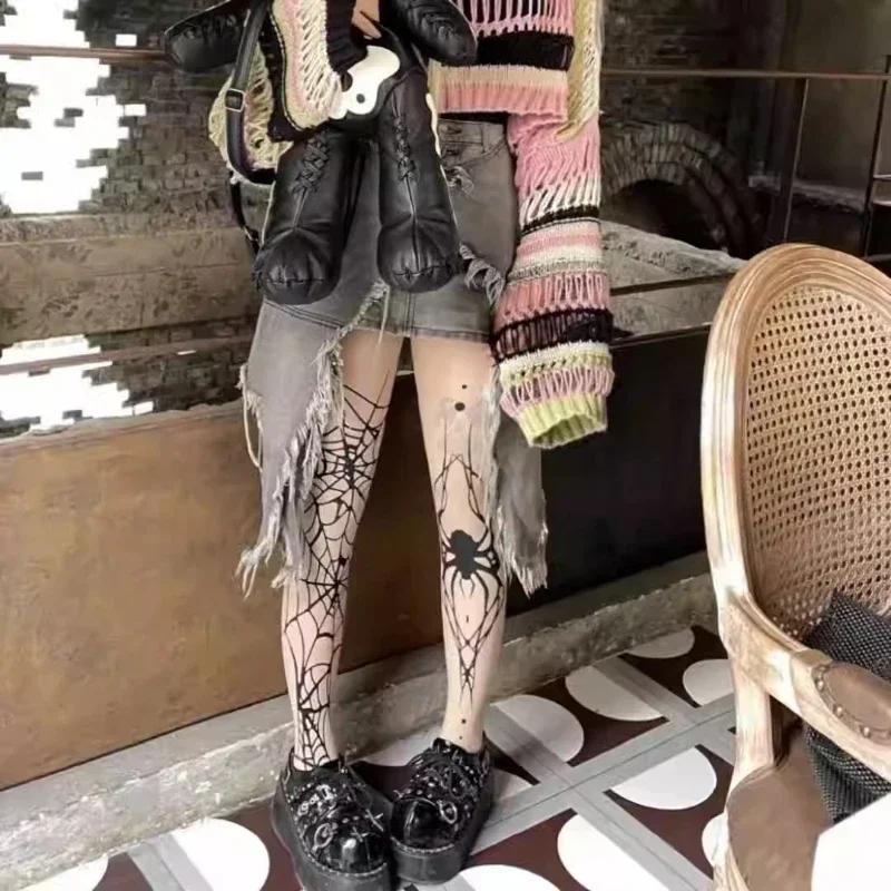 Goth Big Spider Pattern Silk Stockings Gothic Vintage Dark Fishnet Tights Women Alternative Sexy Spider Web Witch Pantyhose
