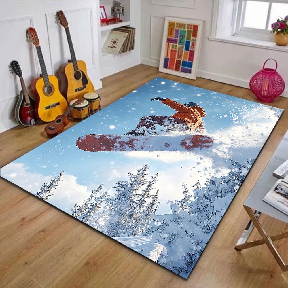 Snowboarder Jumping in Winter Mountains Patterned carpet, non slip mat suitable for living room and bedroom sofas