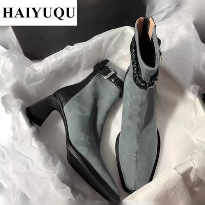 Замшевые туфли на высоком каблуке женские ботильоны модная обувь тренд зимние новые брендовые ботинки челси элегантные туфли-лодочки зимние ботинки женские