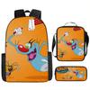 Fat Cat vs Three Little Strong Cartoon Backpack Set Large Capacity School Bag for Students Lightweight Durable