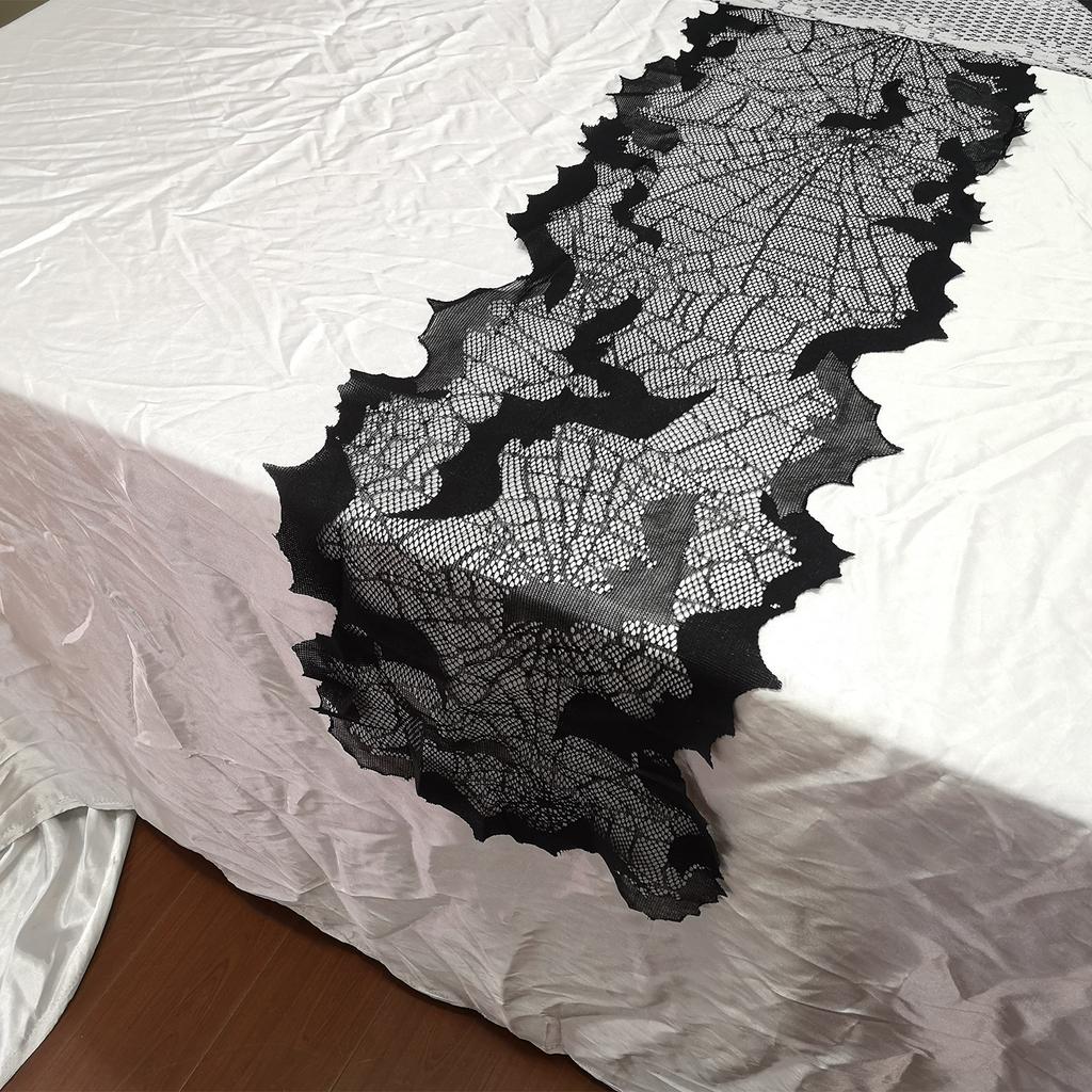 Halloween Table Runner 13x68inch Black Polyester Waterproof Decoration with Spider Web and Bat Design for Dinner Party