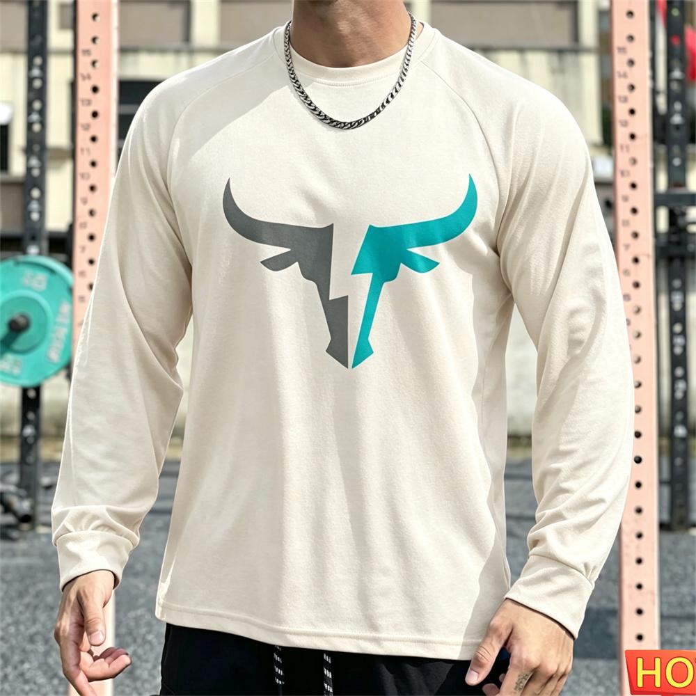 Autumn Men's Long sleeved T-shirt OX Head Men's Fitness T-shirt Polyester Elastic Sports T-shirt Breathable Graphic Gym T-shirt top