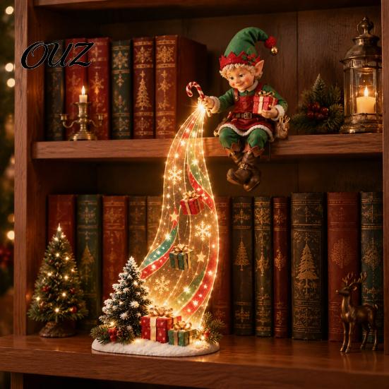 Snowman Bookshelf Accent LED Waterfall Christmas Shelf Sitter Figurine, Light Up Santa Claus Party Table Decor Angel Statue, Holiday Edge Ornament for