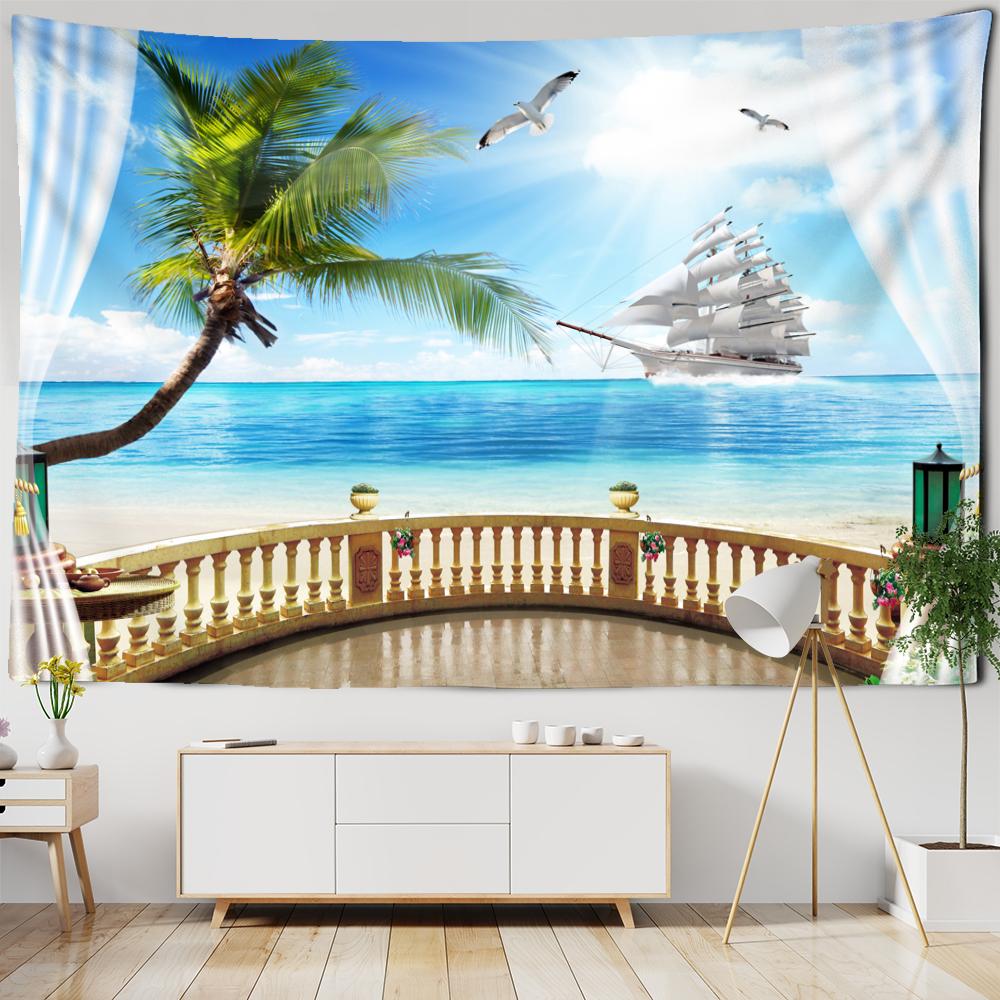 Scenery Tapestry Hanging On the Wall Outside the Window with Bohemian Style Curtains and Mandala Room Decoration Tapestry