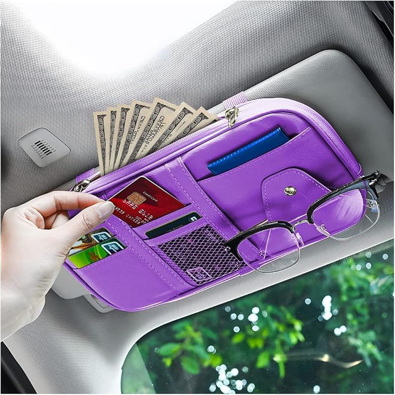 Car Sun Visor Organizer, Sunglass Holder And Storage Pocket, Card Cash Pouch With Multi-Pocket Net Zipper, Case Bag For License Pen Key, Auto