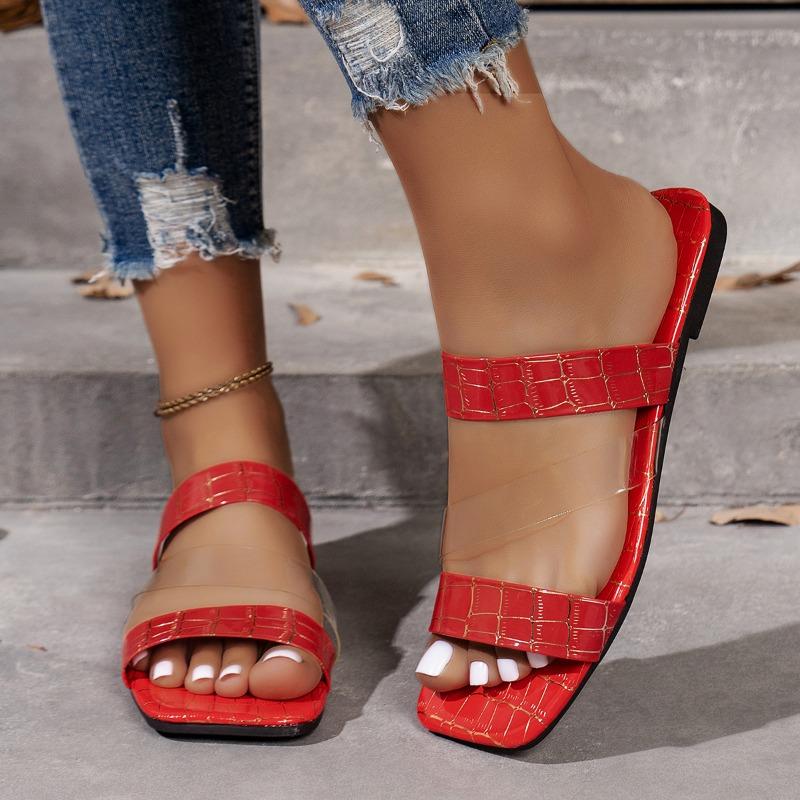 New Flat-bottomed Slippers Women's Toe Wear Square Head One-word Sandals Women's Shoes