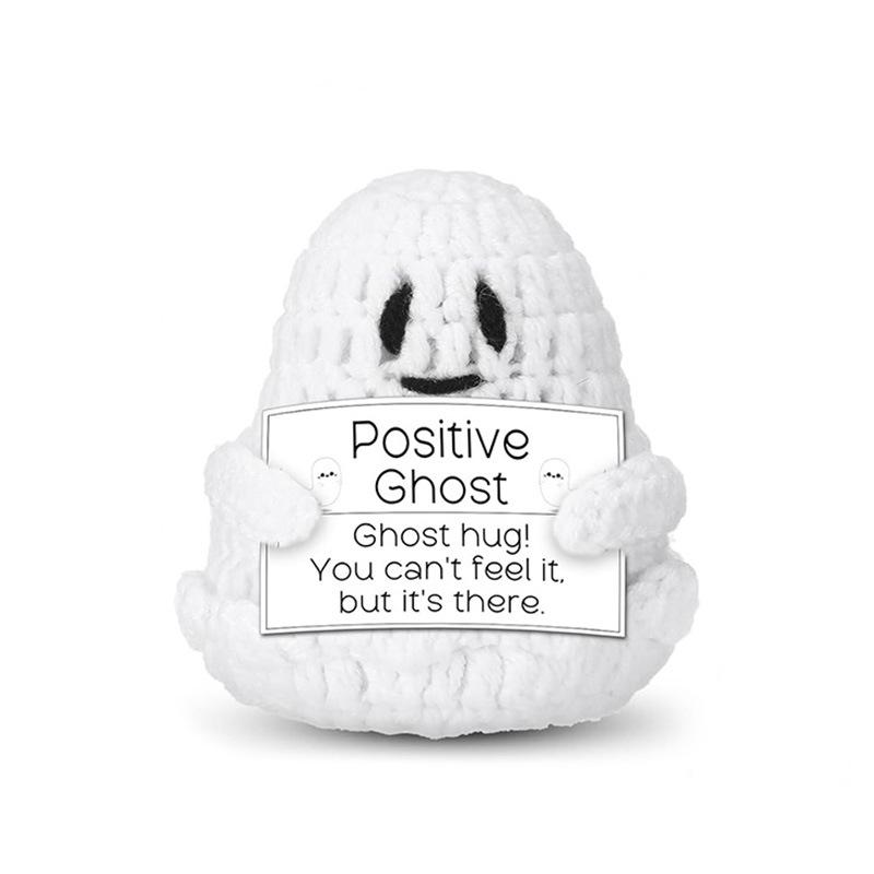 Crochet Emotional Support Cat Ghost Halloween Gifts Desktop Ornament Handmade Knitted Black Cat Doll With Card Home Room Decor