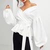Women's Sexy Off Shoulder V Neck Party Clothes Fashion Elegant White Blouses Shirt Women Lantern Sleeves Lace Up Slim Tops