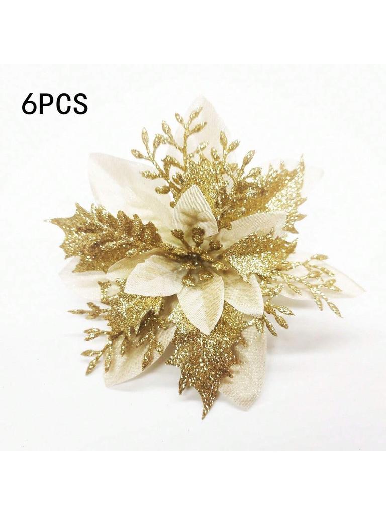 6PCS Gold Powder Christmas Flower Simulation Flower Christmas Tree Pendant Decoration Flower Wreath Accessories
