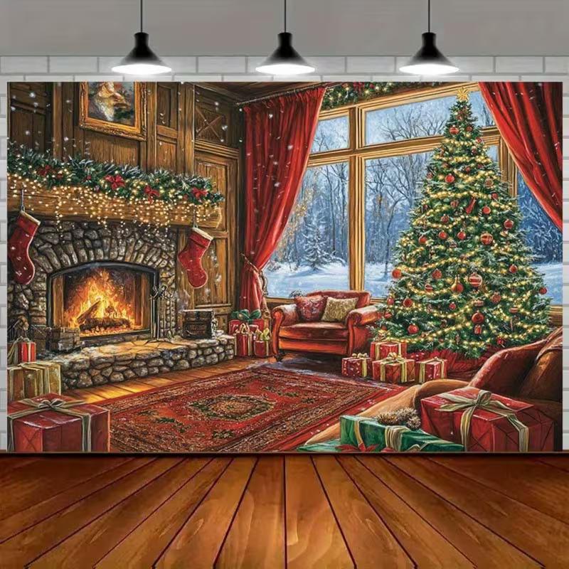 2D Warm Christmas Fireplace Backdrop Cozy Home Photography Background