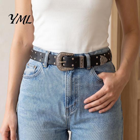 Hot Girl Style Waist Belt 105cm Retro Rivet for Women, Adjustable Imitation Leather with Double Everyday Casual Outfits Row Grommets & Carved