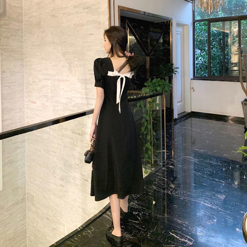 Летнее повседневное модное платье Французское ретро платье в стиле Хепберн Летнее черное платье Женское платье с воротником выше колена