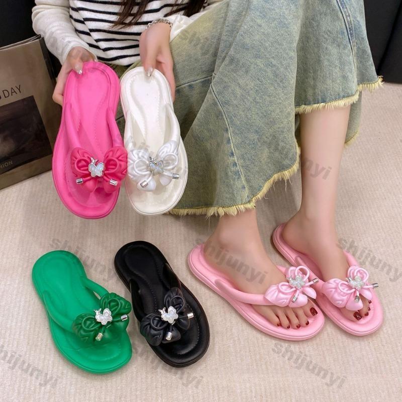 Fashion Women's Slippers 2025 Summer New Fashion Bow-knot Non Slip Soft Sole Flip Flops Lightweight Comfortable Slip on Flat Sandals