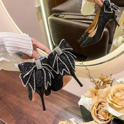 Серебристые хрустальные туфли на высоком каблуке, женские туфли-лодочки, добавляющие платью темперамент, с бантом, с открытым мыском, свадебные туфли, туфли невесты