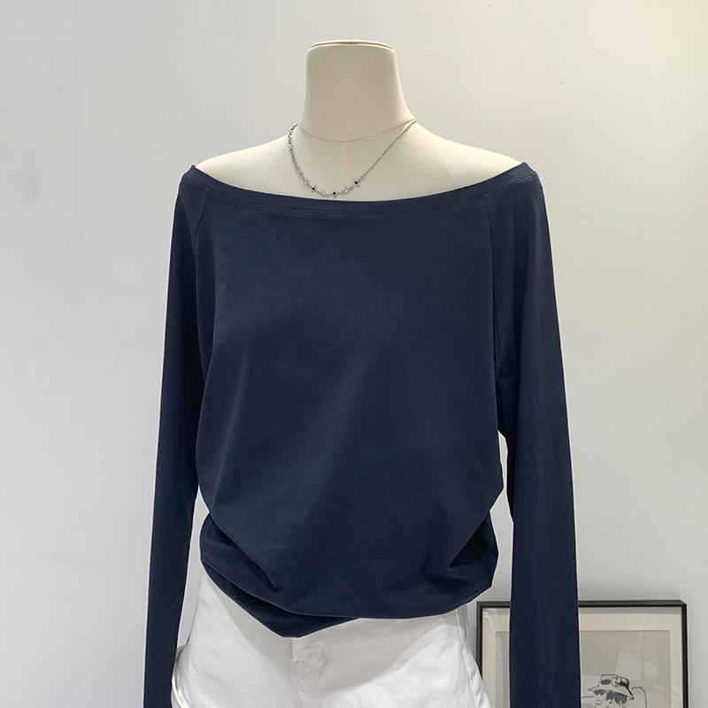 Футболка на одно плечо из чистого хлопка с длинными рукавами и диагональными плечами для женщин, новая свободная базовая рубашка с открытыми плечами на весну