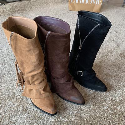 Осень-зима 2025 новые модели, европейский и американский стиль, замшевые остроносые ботильоны на высоком тонком каблуке с ремешком и пряжкой, ботинки с узким голенищем