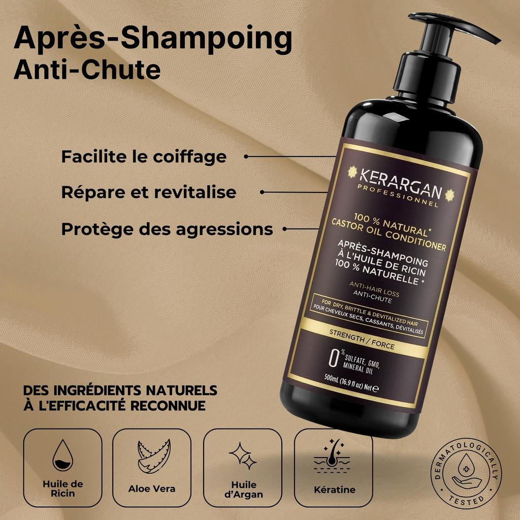 Kerargan Shampoo and Conditioner with Castor and Argan Oil - Stimulates Growth - Sulfate, Paraben and Silicone Free - 2x500 Ml