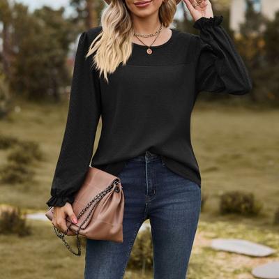 Женские топы с круглым вырезом, длинным рукавом, однотонная футболка с вафлями