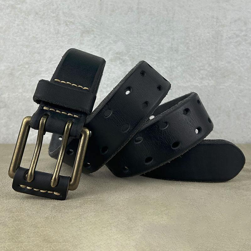 Мужской ремень из натуральной кожи с двойной медной пряжкой, ретро, первый слой, из натуральной коровьей кожи, американский полый ремень