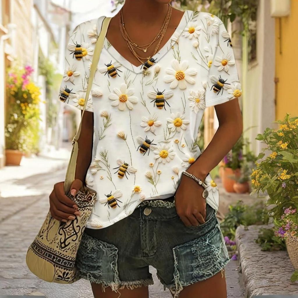 Женская футболка с V-образным вырезом, повседневные модные топы с коротким рукавом, цветочные принты, большие размеры, свободная женская одежда, футболка для активного отдыха