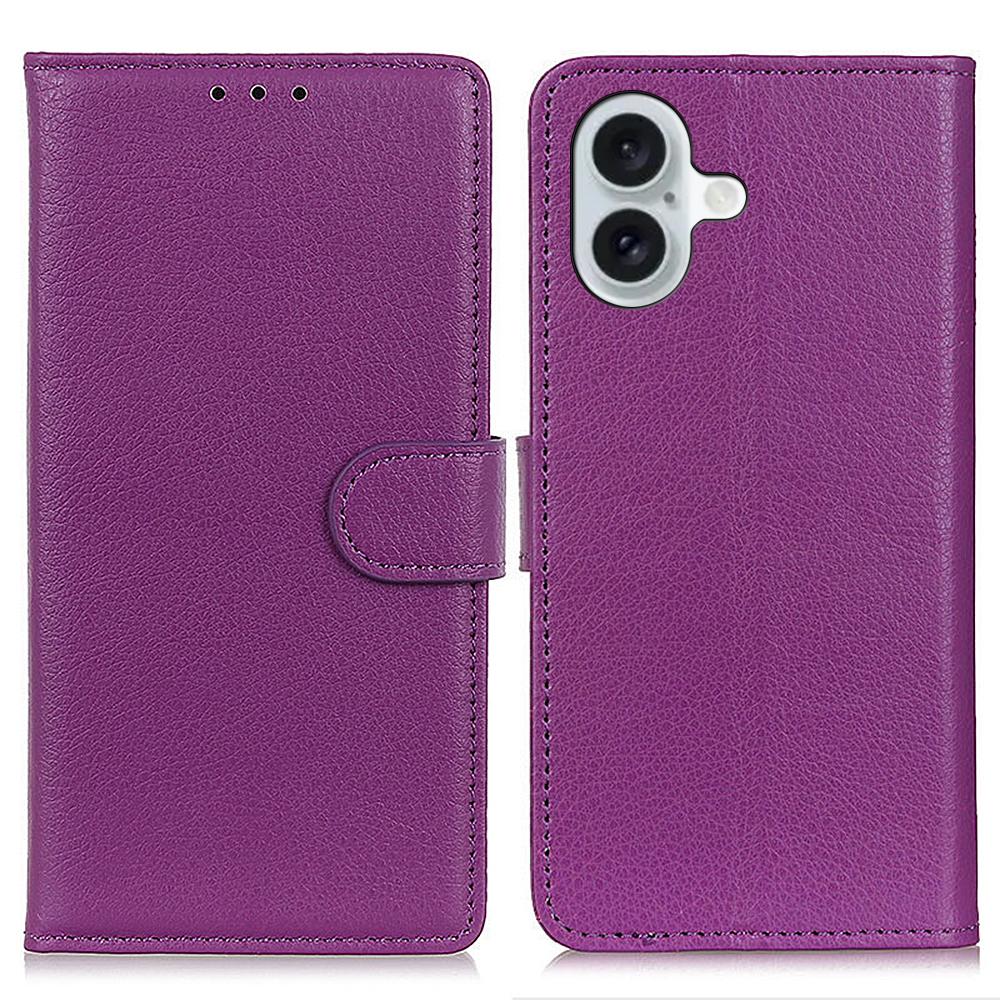 For iPhone 16 Case PU Leather Wallet Stand Litchi Texture Phone Cover