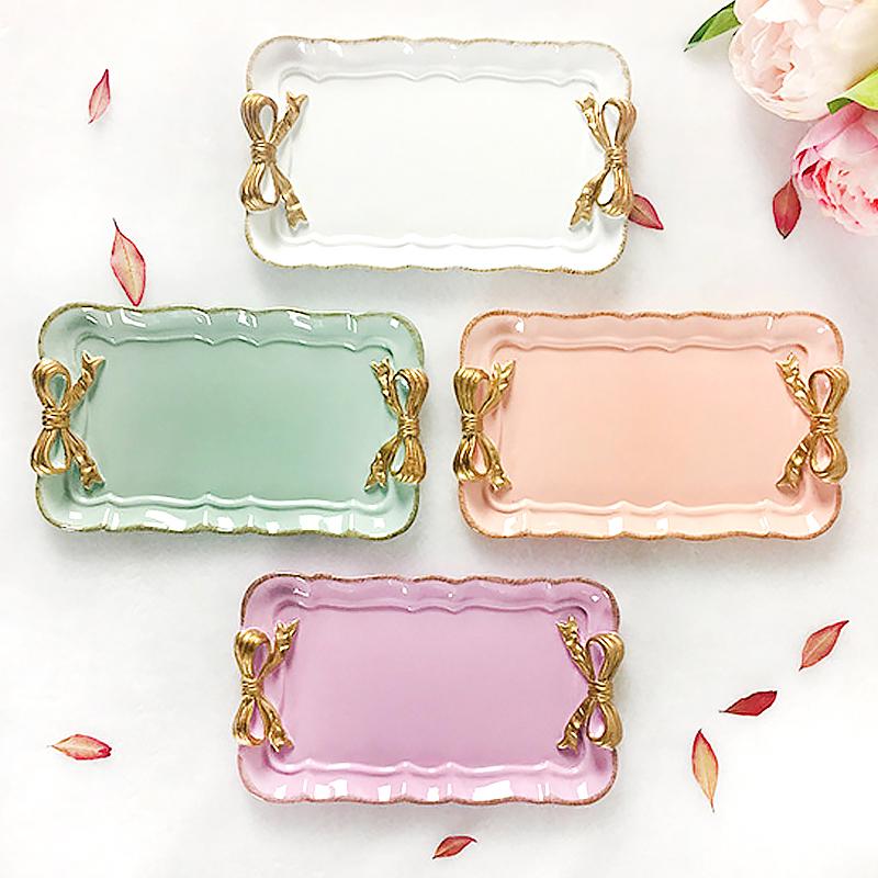 1 шт. Бант Романтическая десертная тарелка Цвет французского макарона Модный поднос из смолы с золотым покрытием