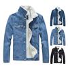 Осенне-зимняя мужская джинсовая куртка с воротником-стойкой и карманами для защиты шеи, облегающее утолщенное плюшевое однобортное пальто унисекс с длинными рукавами