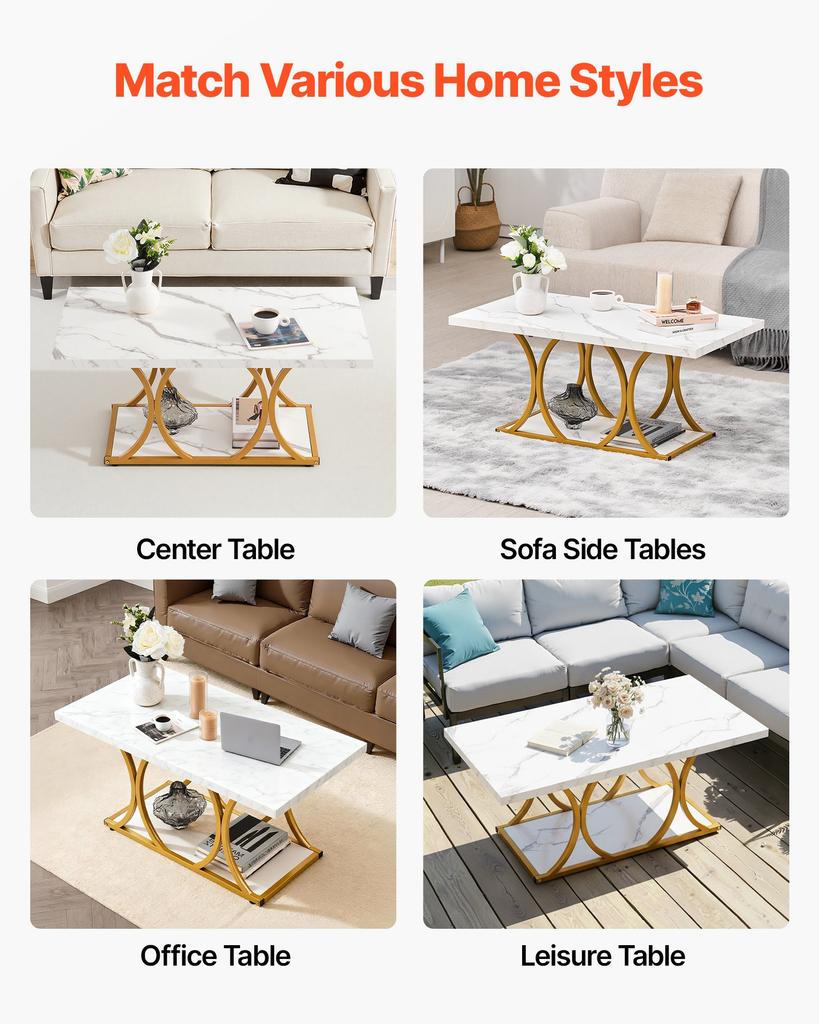 VEVOR Coffee Table, Modern Faux Marble Coffee Table, 2-Tier Rectangle Center Desk with Geometric Legs