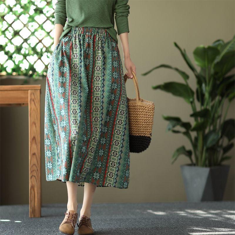 Весенняя и летняя одежда, утягивающая и с высокой талией, юбка А-силуэта средней длины, этнический стиль, юбка средней длины для женщин