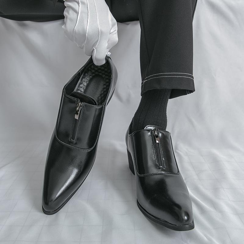 2025 Новая обувь на лифте для мужчин, на молнии, на высоком каблуке, формальная, кожаная, черная, мужские лоферы, туфли для платья, коричневая обувь для увеличения роста мужчины