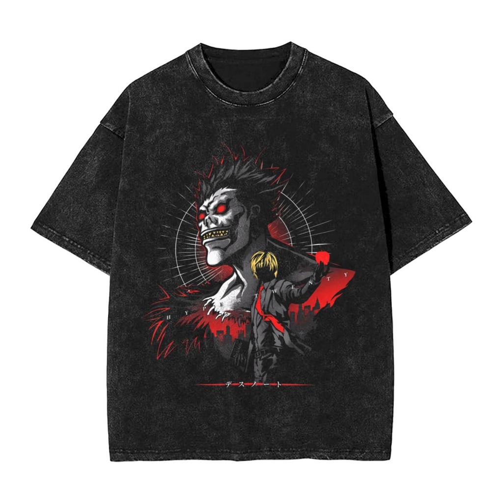 Anime Harajuku Cotton Oversized TshirtMen Short Sleeve TeesDeath Note YK Summer Loose Washed Tops TShirt