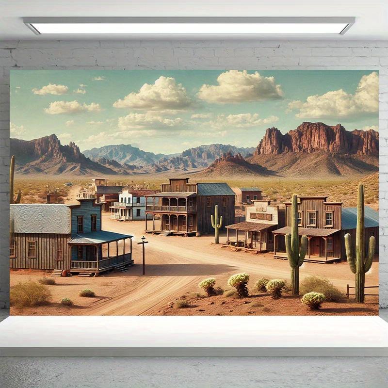 1 Wild West Desert Town Polyester Background - Real Cowboy and Cactus Scene Wall Decoration