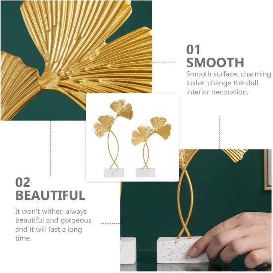 Cabilock 2 шт. Золотая статуэтка листа гинкго Золотая металлическая скульптура листа Металлическая железная скульптура листа Фигурка Настольное украшение для дома для спальни с деревянной основой