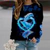 Fall Autumn Women'S Fashion O Neck Long Sleeve T-Shirt Loose Clothes Blue Dolphin Print T Shirt For Girls Street