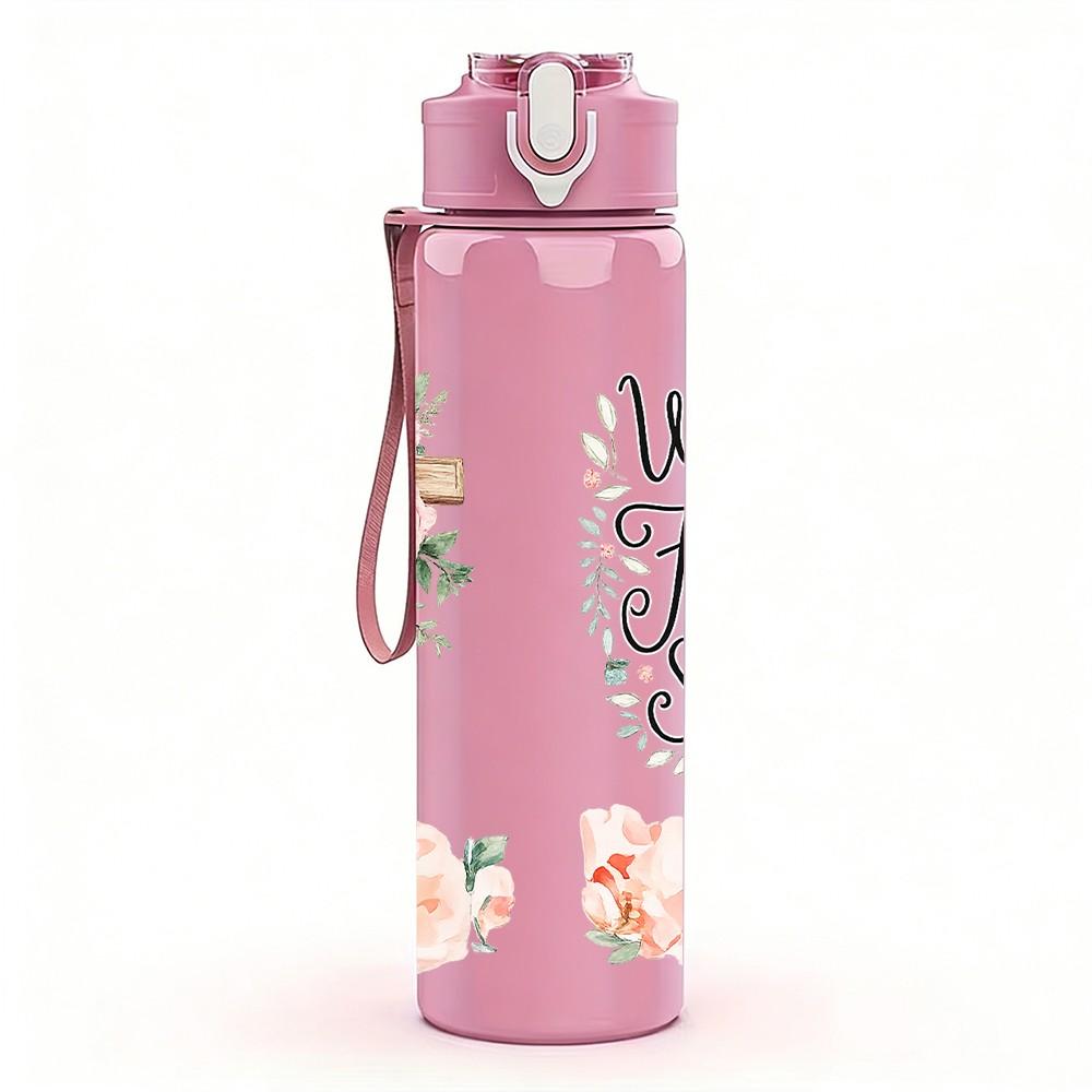 1PC Cross Rose Faith Christian Quote Print 750ml Color Plastic Sports Water Bottle Leakproof Flip Straw Lid Suitable for Sports Office Home Use
