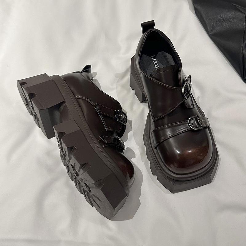 2025 весна новые британские туфли ретро мокасины с большой головкой женские туфли на толстом каблуке универсальные с юбкой маленькие кожаные туфли