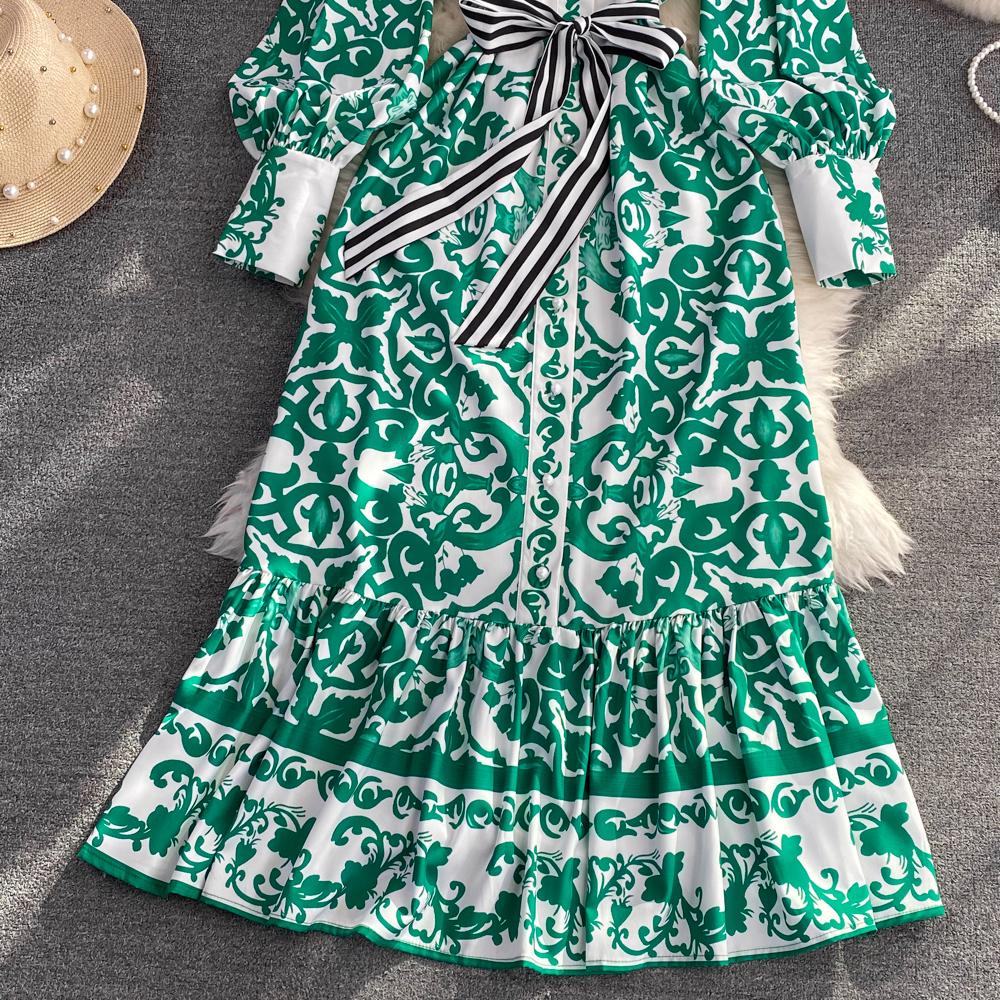 Осеннее модное богемное длинное макси-платье с геометрическим цветочным принтом, женское платье из поплина с воротником-фонариком и рукавами-фонариками на шнуровке, отпускные платья