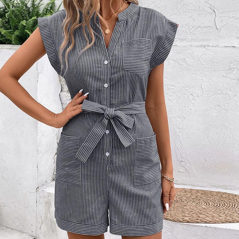 Summer Women Rompers Solid Color Playsuits Short Sleeve One-piece Shorts