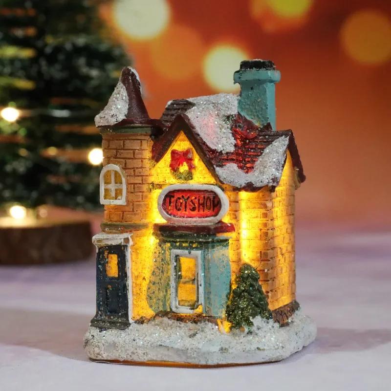 Christmas Decoration Resin Miniature House LED Light Mini Building Living Room Festive Display Small Ornaments Xmas Gift