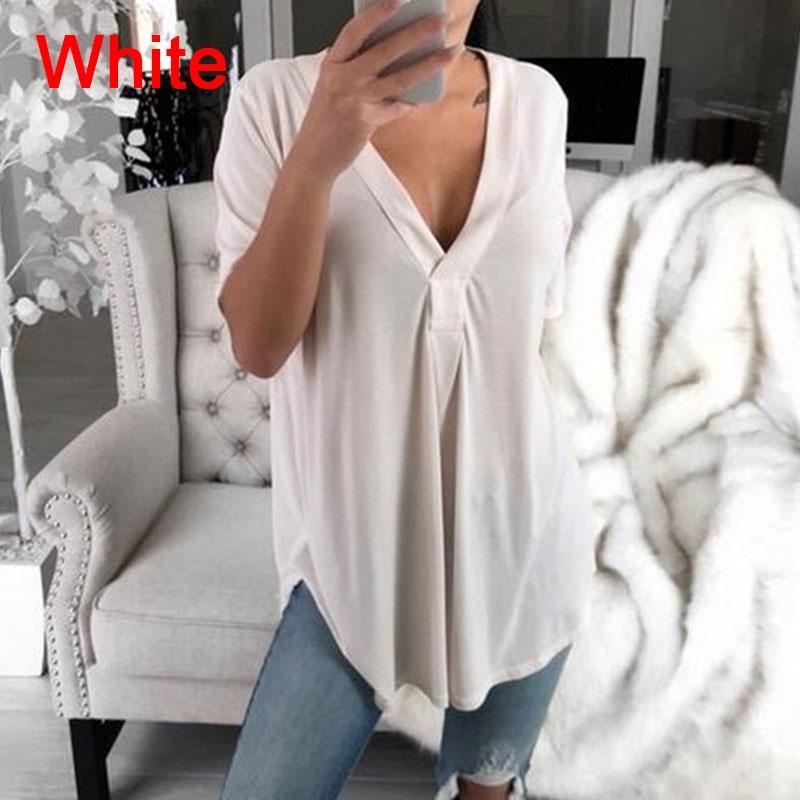 Летние сексуальные женские модные повседневные свободные топы Повседневная футболка Летняя однотонная блузка с v-образным вырезом и короткими рукавами больших размеров