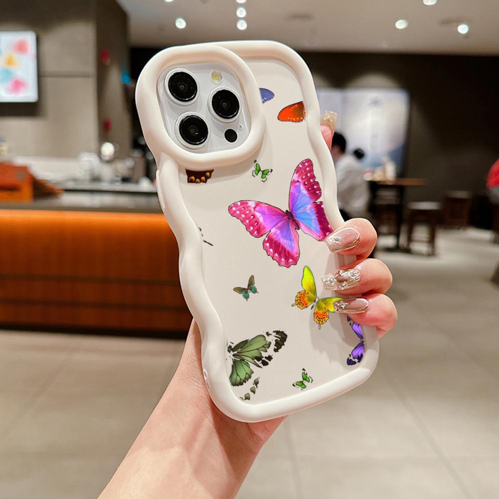 Чехлы для телефонов N76 Butterfly Macaron Wavy Edge для iPhone 16 Pro Max Samsung S24 Plus S23 Ultra A35 A54 A55 Xiaomi Redmi Note 13, противоударный чехол