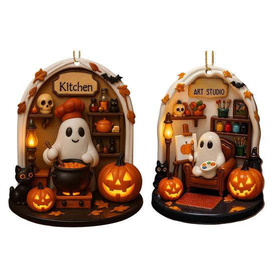 Halloween Ghost Ornament Acrylic Ghost-Themed Reading Cooking Painting Ornament Tree Hanging Decoration for Indoor Home Decor