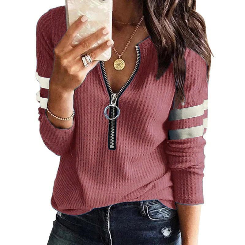 Women's Long Sleeve Zip V Neck Knit Plus Size T-Shirt