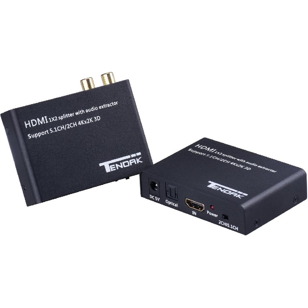 Tendak 1X2 4K HDMI Splitter with HDMI Audio Extractor + Optical and R/L Audio Output Powered Splitter 1 in 2 Out Signal Distributor Support 3D for
